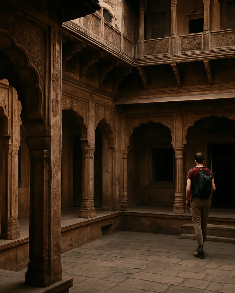 Weathered heritage haveli courtyard with carved wooden balconies,
