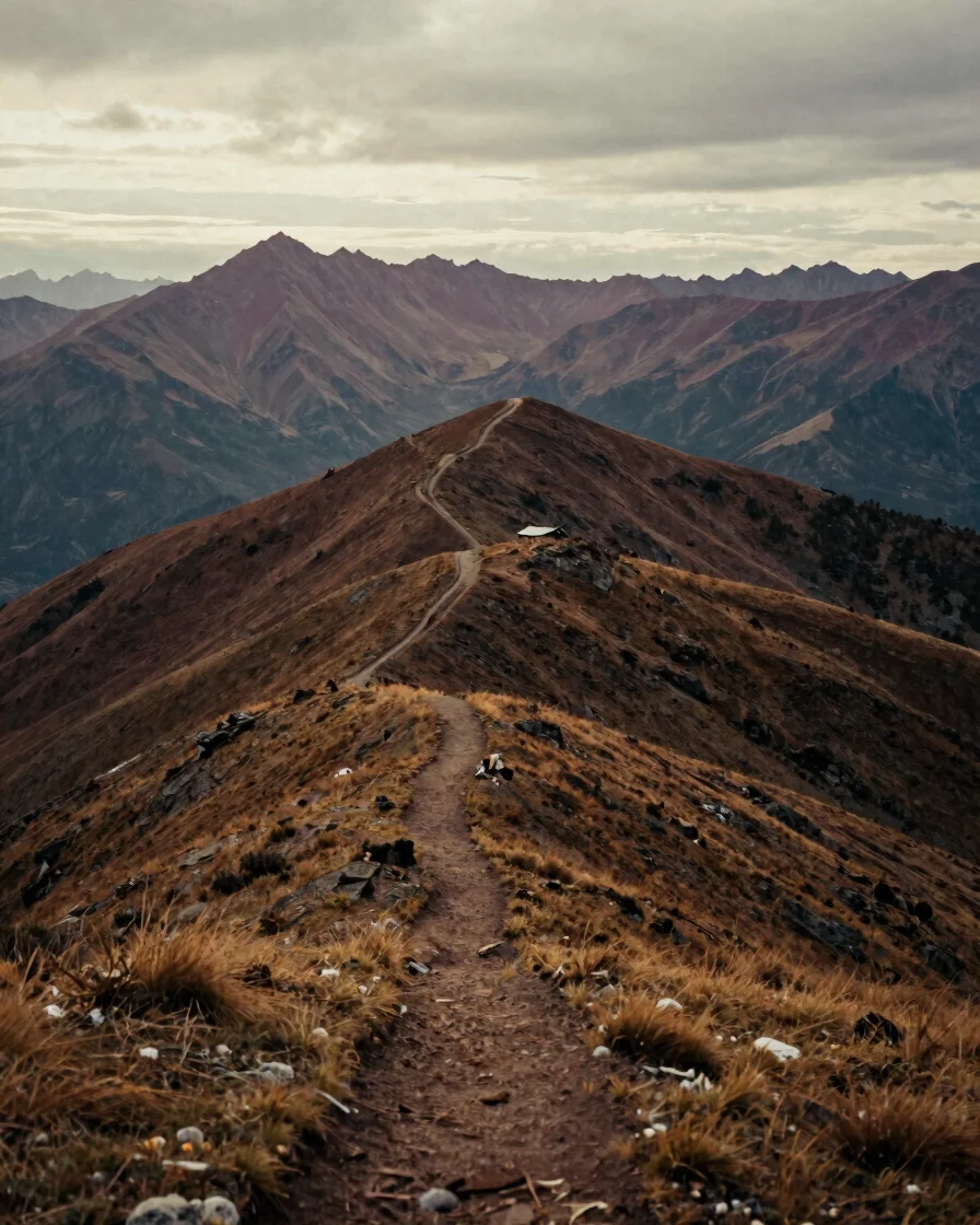 Misty Himalayan mountain ridge at morning, a trail winding throug