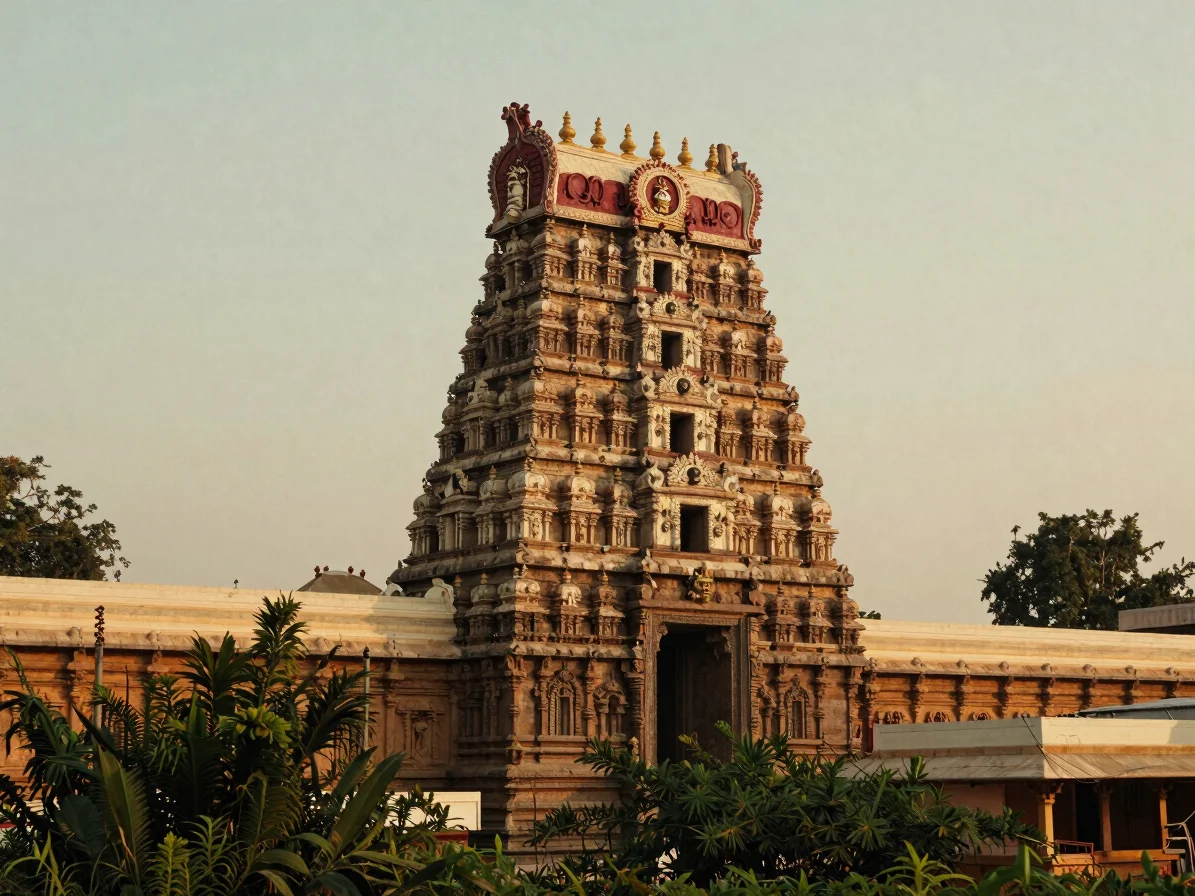 Wide cinematic view of a heritage South Indian temple gopuram at