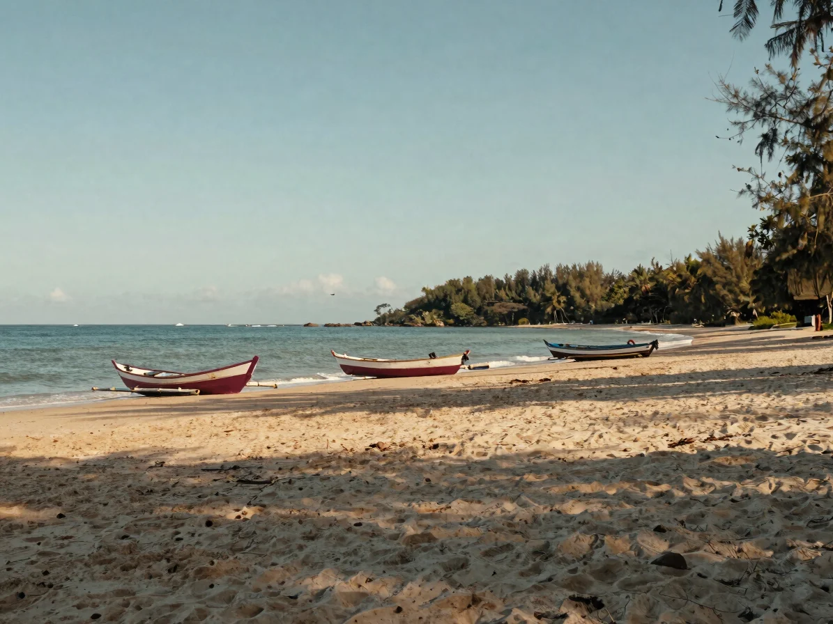 Calm tropical beach at late afternoon, soft golden light on the s