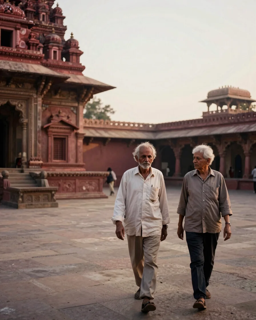 Warm natural portrait of an older traveller and a companion walki