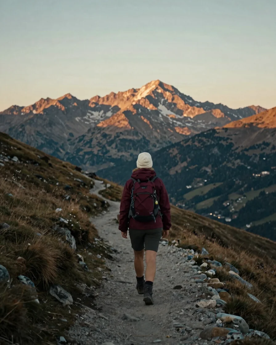 Cinematic editorial travel photograph of a hiker on a mountain tr
