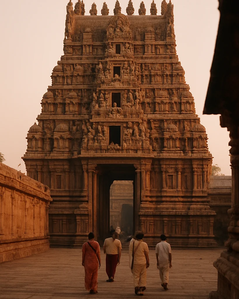 Ornate South Indian temple gopuram at dawn, warm light on carved
